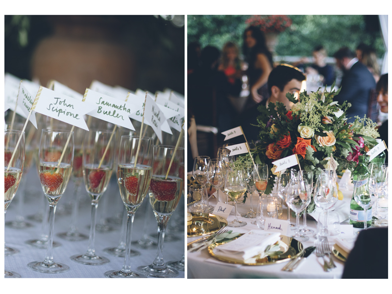  Above Left: my hand-lettered escort cards soaking up some bubbly. Above right: the tables incorporating the escort cards, place cards and menus along side gorgeous floral arrangements. Images by  Lelia Scarfiotti.  